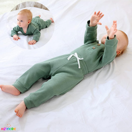 Infant Toddler Baby Boy Girl Clothes Unisex Fall Winter 2 Pieces Outfits Onesie Solid Knitted Cotton One Piece Jumpsuit Bodysuit Long Sleeve Romper Top Sleep Pants Set, 12-18 Months