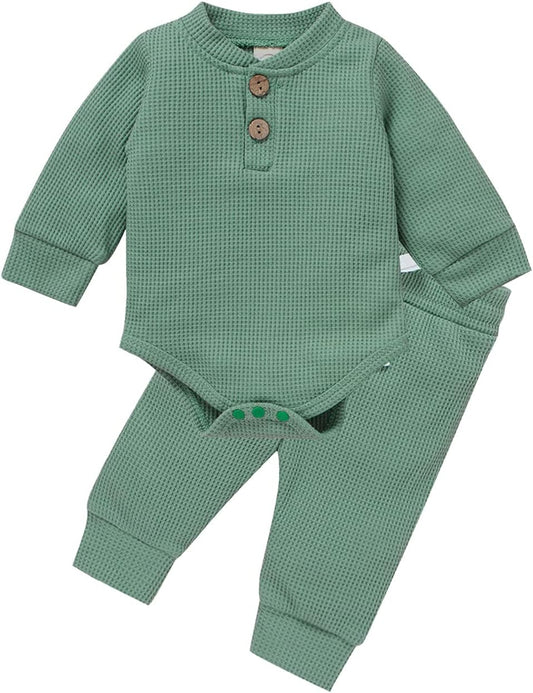 Infant Toddler Baby Boy Girl Clothes Unisex Fall Winter 2 Pieces Outfits Onesie Solid Knitted Cotton One Piece Jumpsuit Bodysuit Long Sleeve Romper Top Sleep Pants Set, 12-18 Months